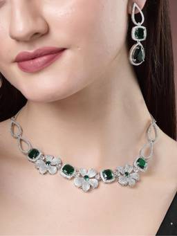 Gahan - Womens Green & Silver Plated American Diamond Handcrafted Jewellery Set