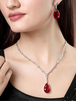Gahan - Womens Silver Plated Red Artificial Stones Studded Handcrafted Jewellery Set