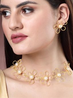 Gahan - Womens Gold Floral Shape Beaded Handcrafted Jewellery Set