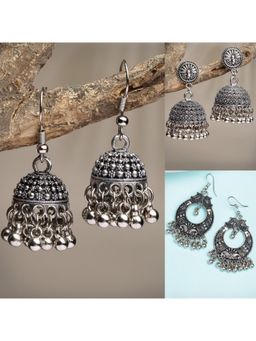 Gahan - Womens Silver Toned German Silver Oxidised Dome Shaped Jhumka Earrings (Pack of 3)