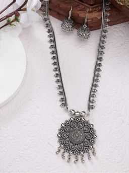 Gahan - Womens Silver Toned Floral Shape Oxidized Necklace with Jhumka Earrings