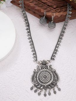 Gahan - Womens Silver Toned Peacock Design Oxidized Necklace with Jhumka Earrings