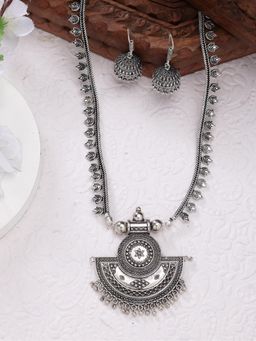 Gahan - Womens Silver Toned German Silver Oxidised Necklace with Jhumka Earrings