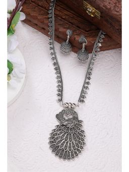 Gahan - Womens Silver Toned Peacock Design Oxidized Necklace with Jhumka Earrings