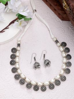 Gahan - Womens White Silver Plated Choke Oxidized Necklace with Jhumka Earrings
