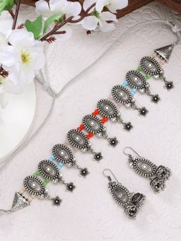 Gahan - Womens Silver Plated Choke Oxidized Necklace with Jhumka Earrings