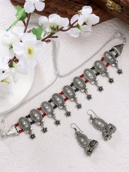 Gahan - Womens Silver Plated Choke Oxidized Necklace with Jhumka Earrings