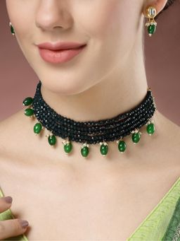 Gahan - Womens Green Artificial Beads Layered Necklace with Drop Earrings