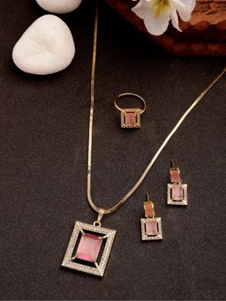 Gahan - Womens Gold Plated Pink American Diamond Studded Necklace with Earrings & Ring
