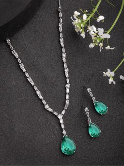 Gahan - Womens Silver Plated Green American Diamond Studded Handcrafted Jewellery Set