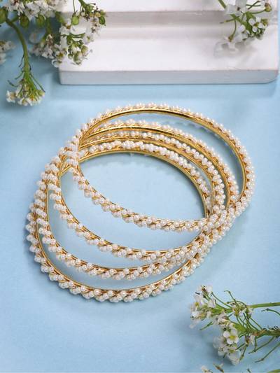 Womens Gold Plated Pearls Handcrafted Traditional Bangles (Pack of 4)