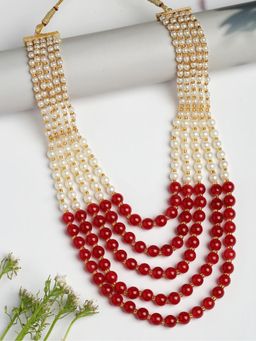Gahan - Womens Handcrafted Red & White Beaded Layered Necklace