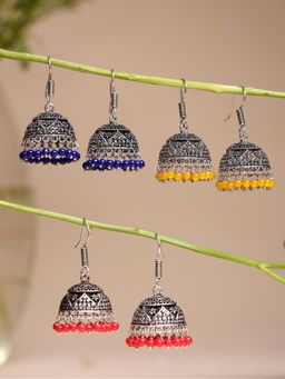 Gahan - Womens Oxidized Silver Multi-Color Artificial Beads Jhumka Earrings (Pack of 3)