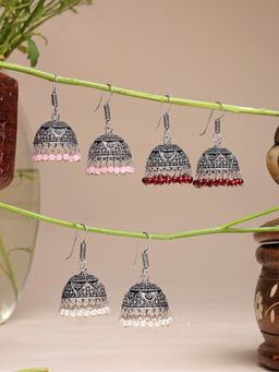 Gahan - Womens Oxidized Silver Multi-Color Artificial Beads Jhumka Earrings (Pack of 3)