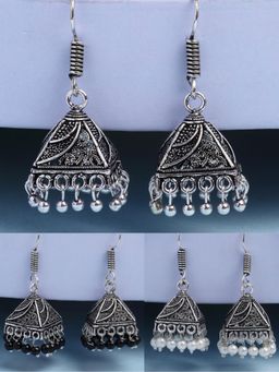 Gahan - Womens Oxidized Silver Plated Artificial Beads Jhumka Earrings (Pack of 3)