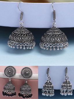 Gahan - Womens Traditional Silver Plated Oxidized Jhumka Earrings (Pack of 3)