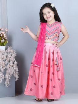 Kinder Kids - Pink Flloral Printed Lehenga With Printed Top & Dupatta (Set of 3)