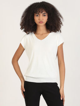 SHOWOFF - Edition Women White Extended Sleeves V-Neck Solid Top