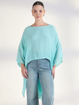 SHOWOFF - Women Blue Extended Sleeves Solid Longline Top