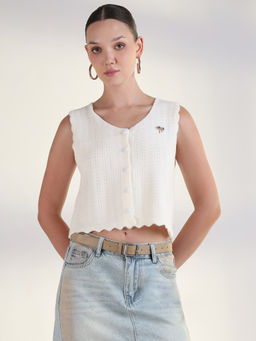 SHOWOFF - Women White V-Neck Solid Crop Top