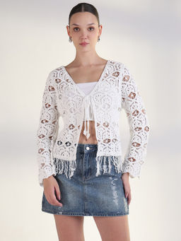 SHOWOFF - Edition Women White V-Neck Solid Sheer Crochet Top