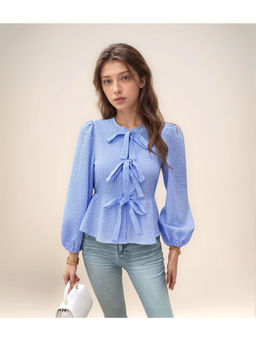 Outzidr - Blue Peplum Vacay Top With Front Bow Tie Up