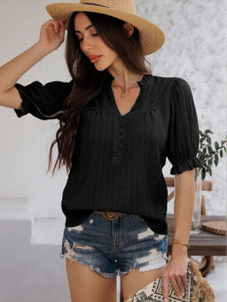 Outzidr - Black Peasant Vacay Top With Button Detail