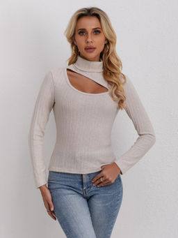 Outzidr - Beige Front Cut Out Rib Street Style Top