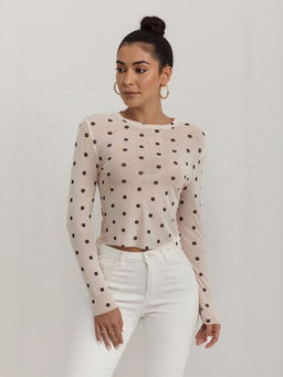 Outzidr - Beige Polka Dotted Mesh Street Style Top