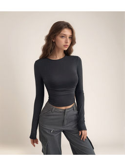 Outzidr - Black Cropped Fitted Full Sleeve Street Wear T-Shirt