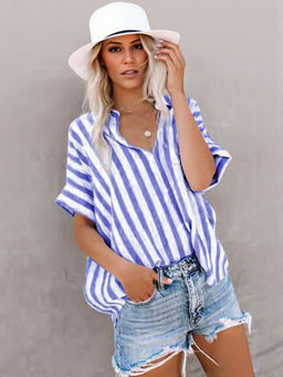 Outzidr - Blue Oversized Striped Street Style Shirt