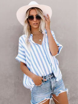 Outzidr - Light Blue Oversized Striped Street Style Shirt