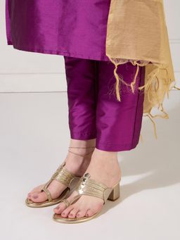 Inc.5 - Womens Gold Ethnic Solid Round Toe Block Sandals Heels