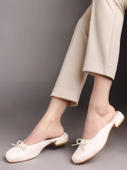 ELLE - Cream Womens Bow Detail Mules Heels