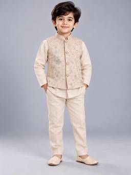 FOURFOLDS - Boys Beige Solid Sherwani & Trouser with Floral Embroidered Waistcoat