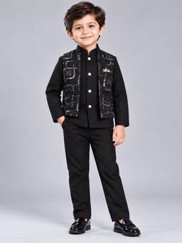 FOURFOLDS - Boys Black Solid Sherwani & Trouser with Sequined Jacket