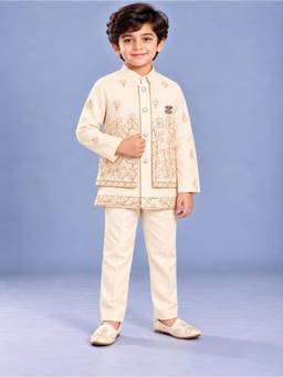 FOURFOLDS - Boys Cream Floral Embroidered Sherwani & Trouser with Waistcoat