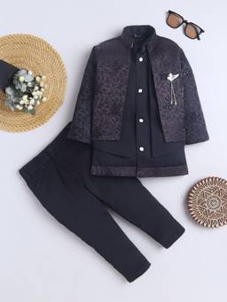 FOURFOLDS - Boys Black Floral Embroidered Sherwani & Trouser with Waistcoat