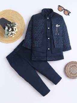 FOURFOLDS - Boys Navy Blue Floral Embroidered Sherwani & Trouser with Waistcoat