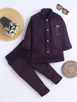 FOURFOLDS - Boys Wine Floral Embroidered Sherwani & Trouser with Waistcoat