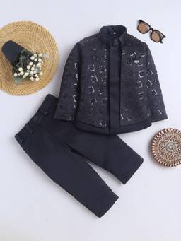 FOURFOLDS - Boys Black Geometric Embroidered Sequined Sherwani & Trouser with Waistcoat