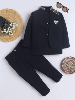 FOURFOLDS - Boys Black Floral Embroidered Sherwani & Trouser with Waistcoat