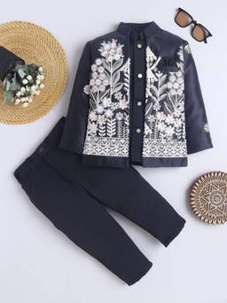 FOURFOLDS - Boys Black Floral Embroidered Sherwani & Trouser with Waistcoat