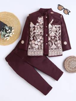 FOURFOLDS - Boys Wine Floral Embroidered Sherwani & Trouser with Waistcoat