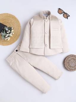 FOURFOLDS - Boys Beige Solid Sherwani & Trouser with Floral Jacquard Woven Jacket