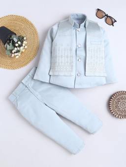 FOURFOLDS - Boys Ice Blue Solid Sherwani & Trouser with Floral Jacquard Woven Jacket