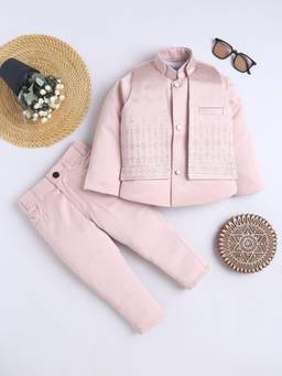 FOURFOLDS - Boys Blush Pink Solid Sherwani & Trouser with Floral Jacquard Woven Jacket