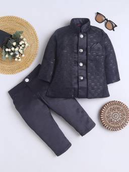 FOURFOLDS - Boys Black Geometric Woven Pattern Sherwani with Trouser