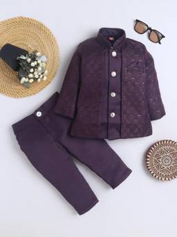 FOURFOLDS - Boys Wine Geometric Woven Pattern Sherwani with Trouser