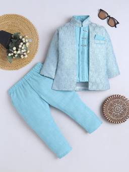 FOURFOLDS - Boys Sky Blue Cotton Blend Chevron Sequined Sherwani with Pyjama